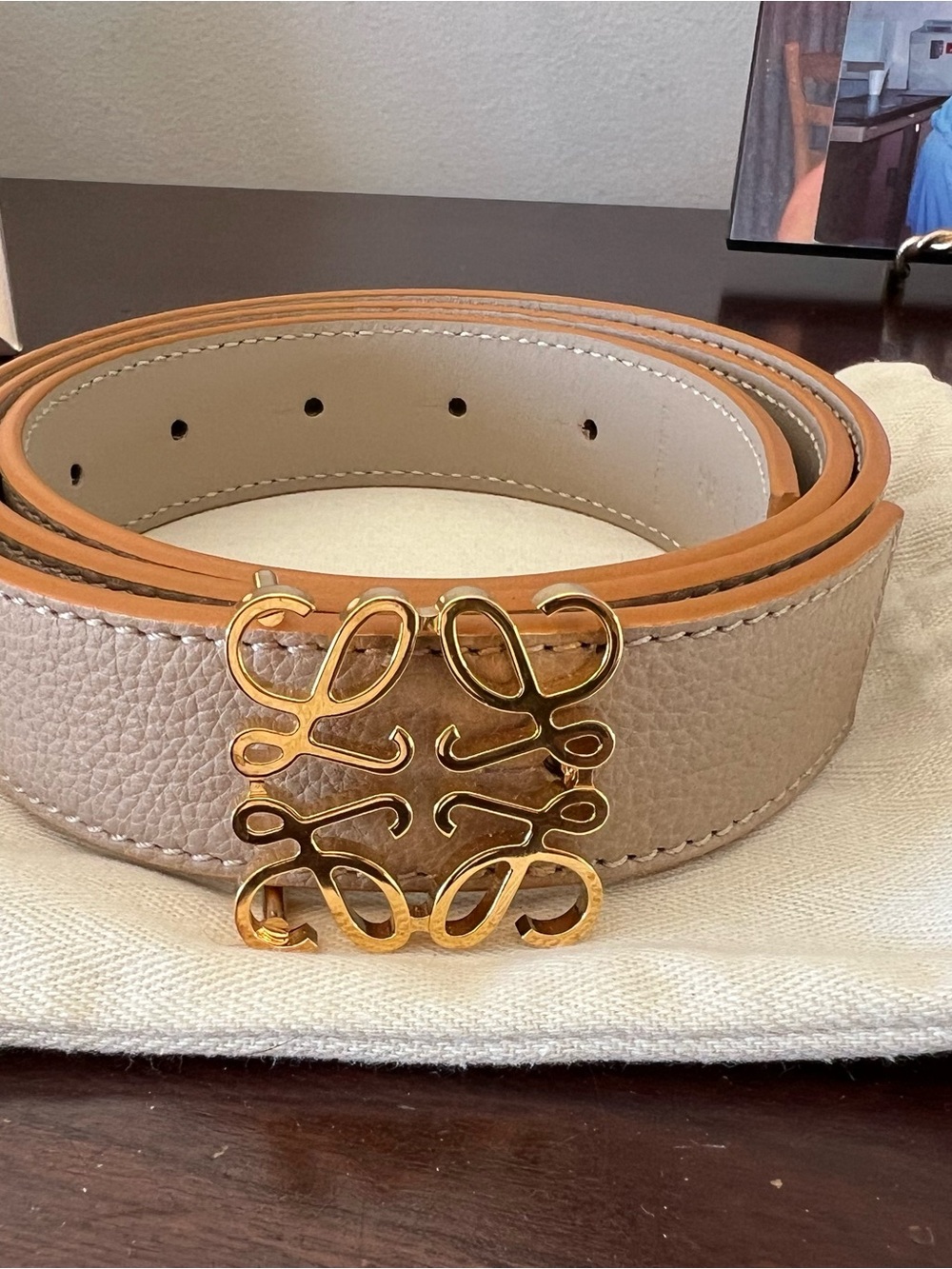Authentic Loewe Taupe Leather Belt with Gold Anagram Buckle